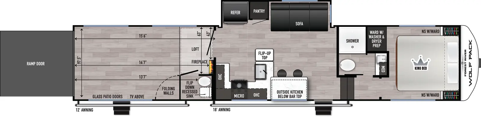 The Wolf Pack 365PACK15.5 floorplan is a toy hauler that has two entries and one slide out. Exterior features include: fiberglass exterior and 12' & 18' awning. Interiors features include: loft, front bedroom and bathroom and a half.